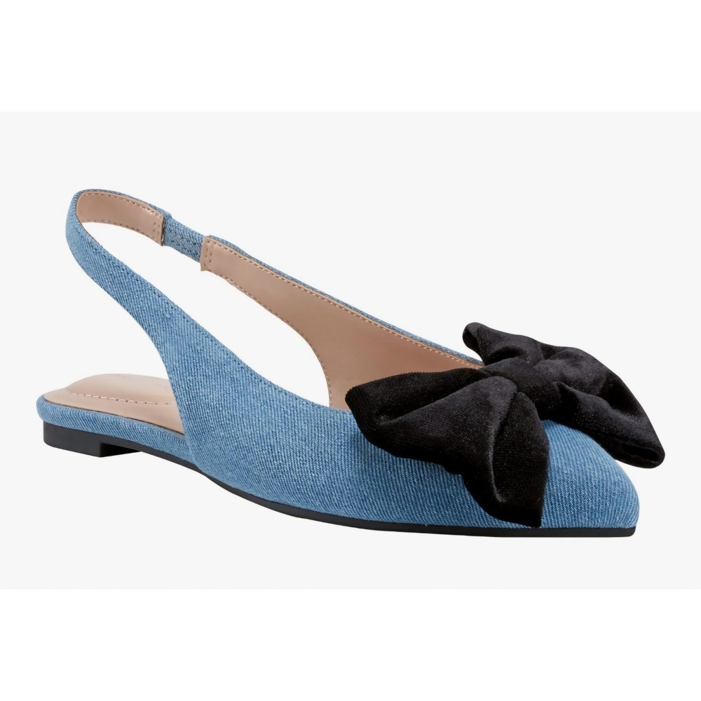 Blue Denim Slingback Pointed Toe Flats with Black Bow